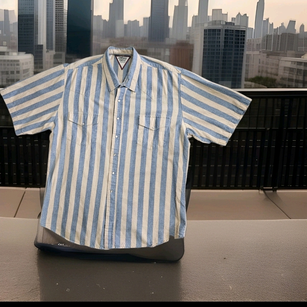 Cowboys Turtle Assn. Men’s Pearl Snap Button Striped Denim Short Sleeve Shirt Lg